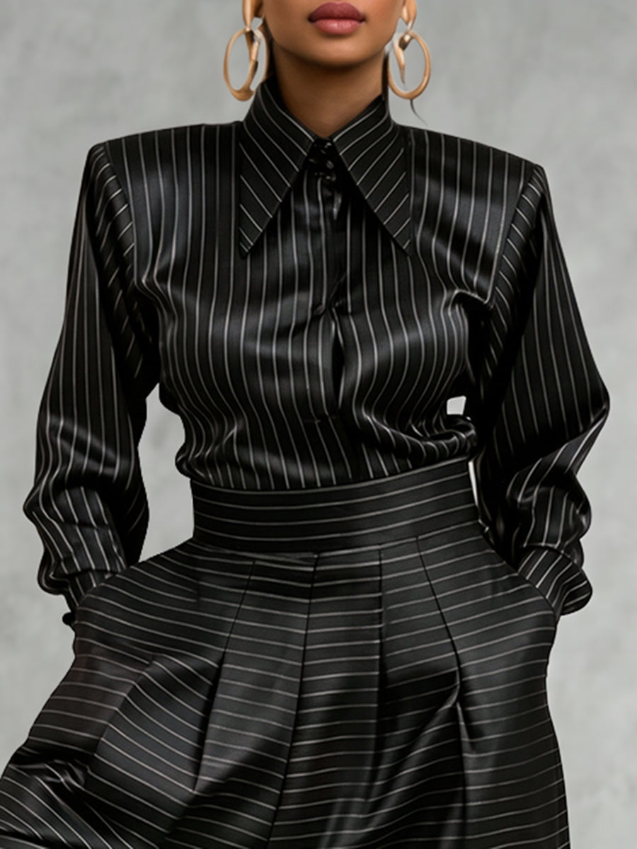 Striped Long-Sleeve Button-Down Lapel Blouse