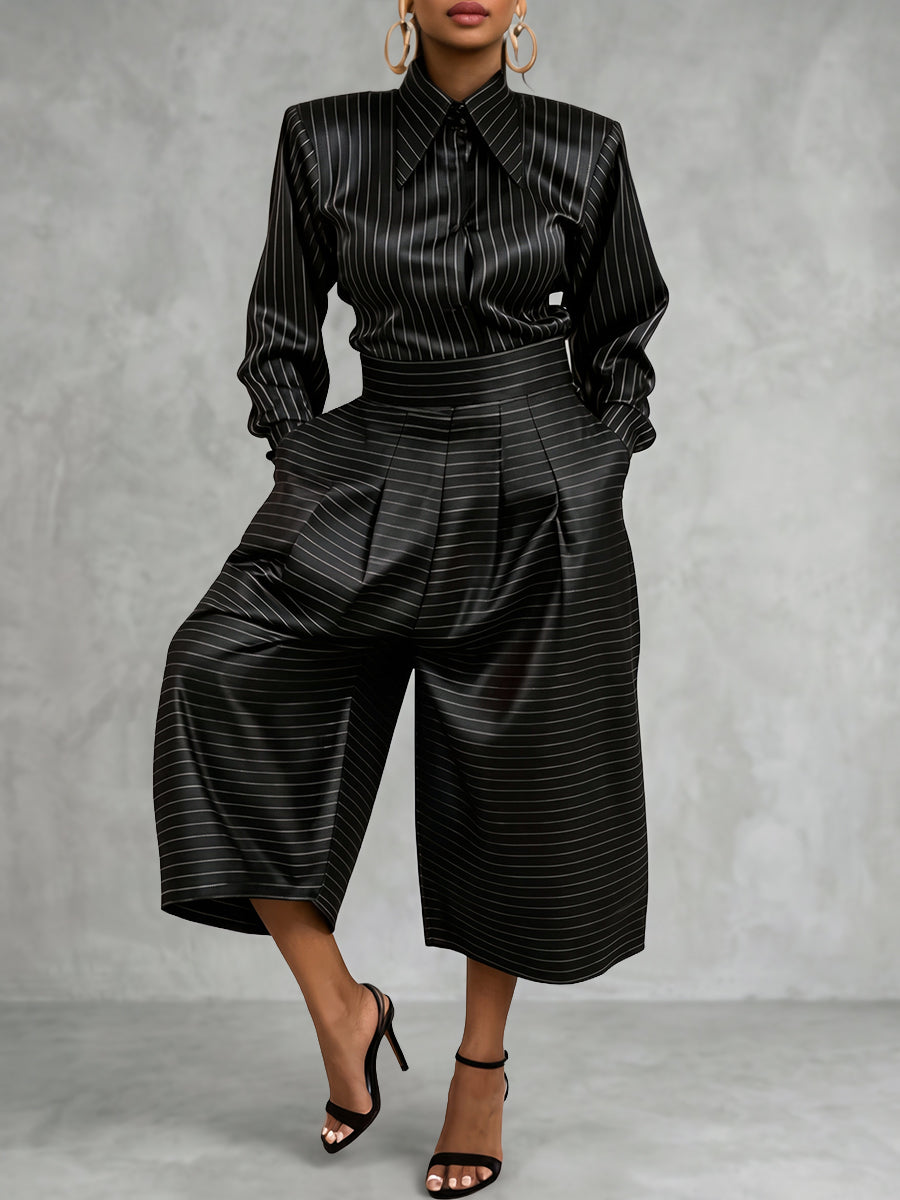 Striped Long-Sleeve Button-Down Lapel Blouse