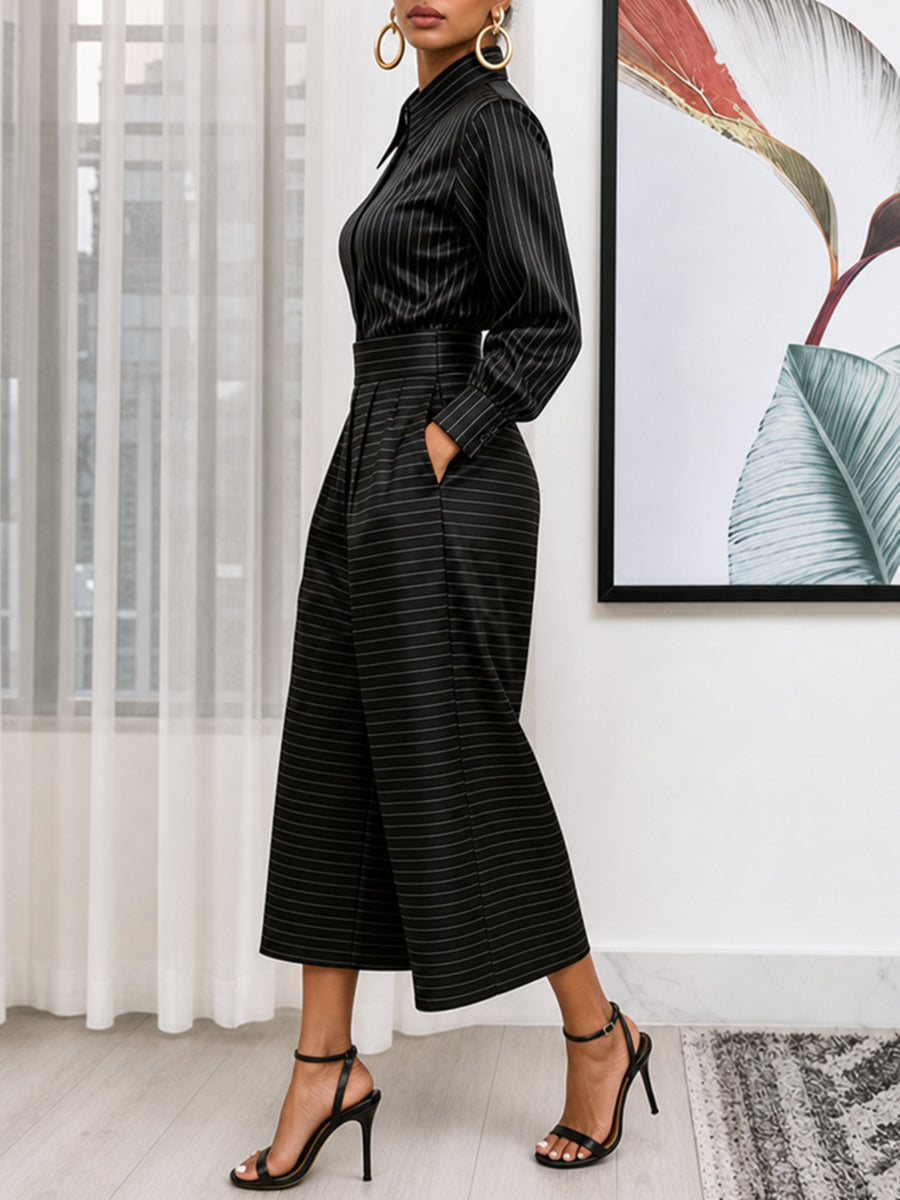 Striped Long-Sleeve Button-Down Lapel Blouse