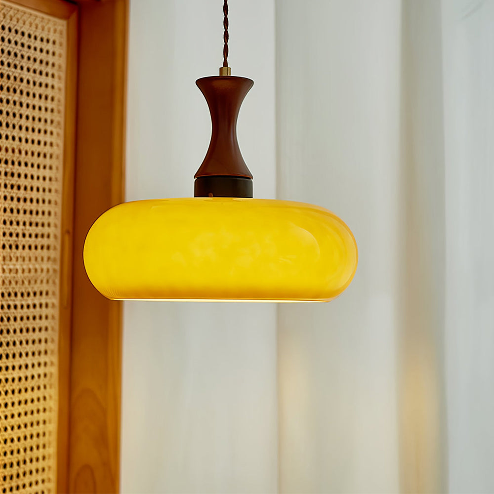 Stylish Hanging Lamp Made of Glass and Wood – Retro Lamp for Living Room and Dining Room, Universal, Cozy Light