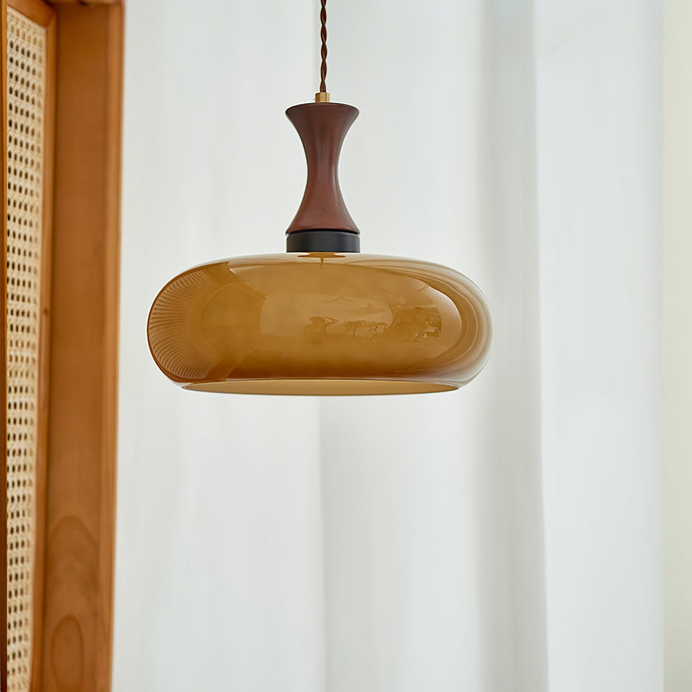 Stylish Hanging Lamp Made of Glass and Wood – Retro Lamp for Living Room and Dining Room, Universal, Cozy Light