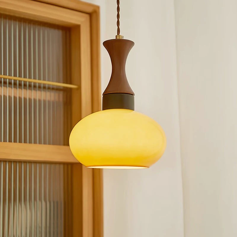 Stylish Hanging Lamp Made of Glass and Wood – Retro Lamp for Living Room and Dining Room, Universal, Cozy Light