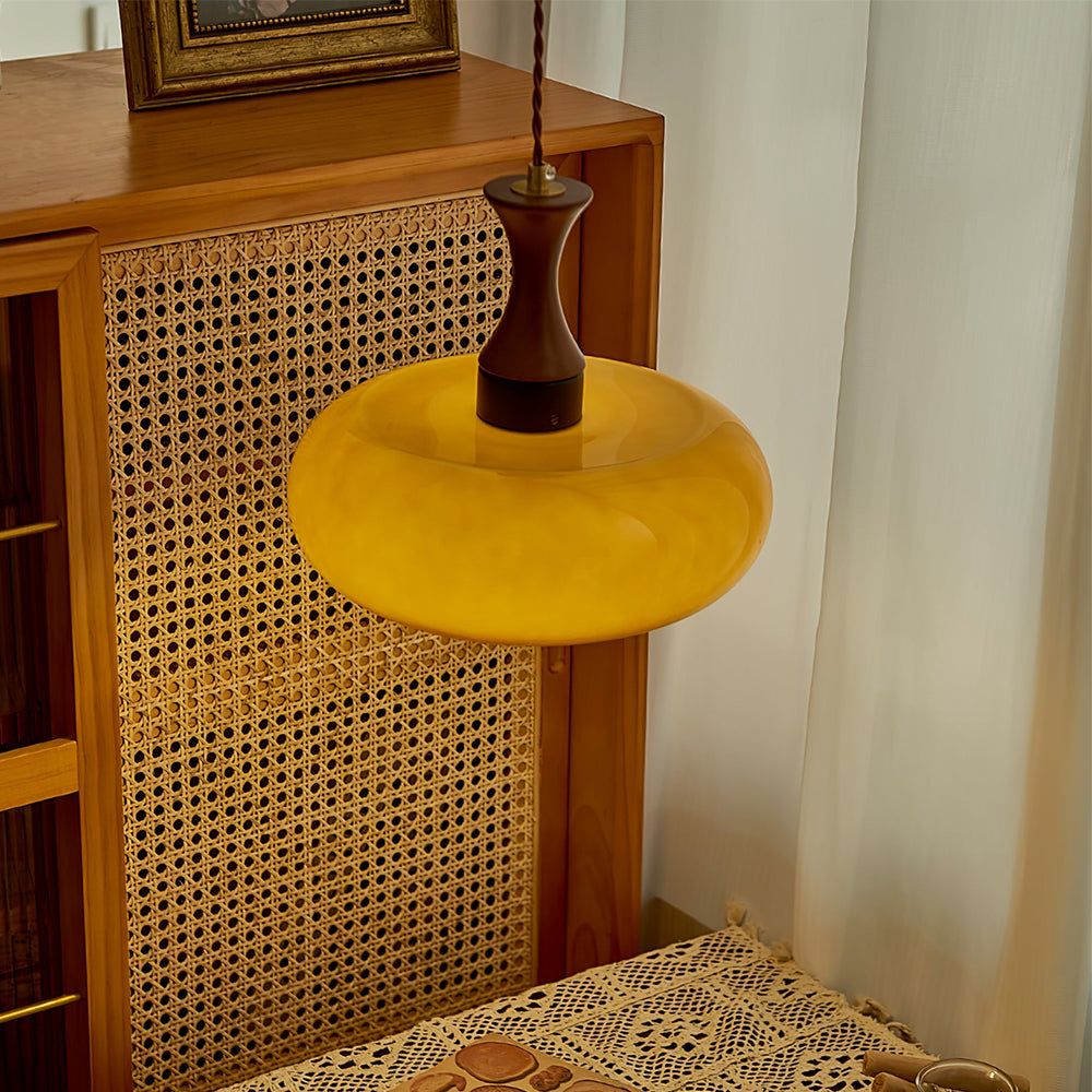 Stylish Hanging Lamp Made of Glass and Wood – Retro Lamp for Living Room and Dining Room, Universal, Cozy Light