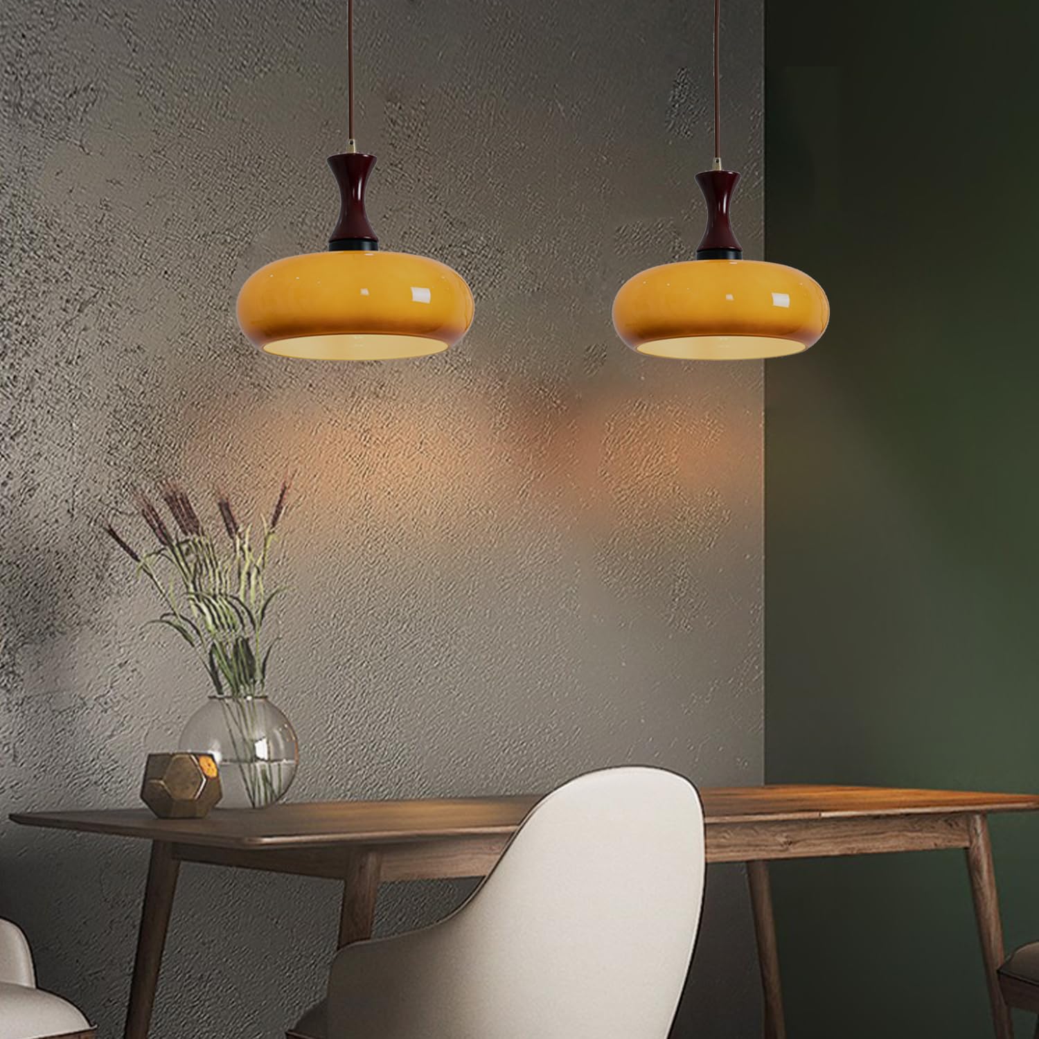 Stylish Hanging Lamp Made of Glass and Wood – Retro Lamp for Living Room and Dining Room, Universal, Cozy Light