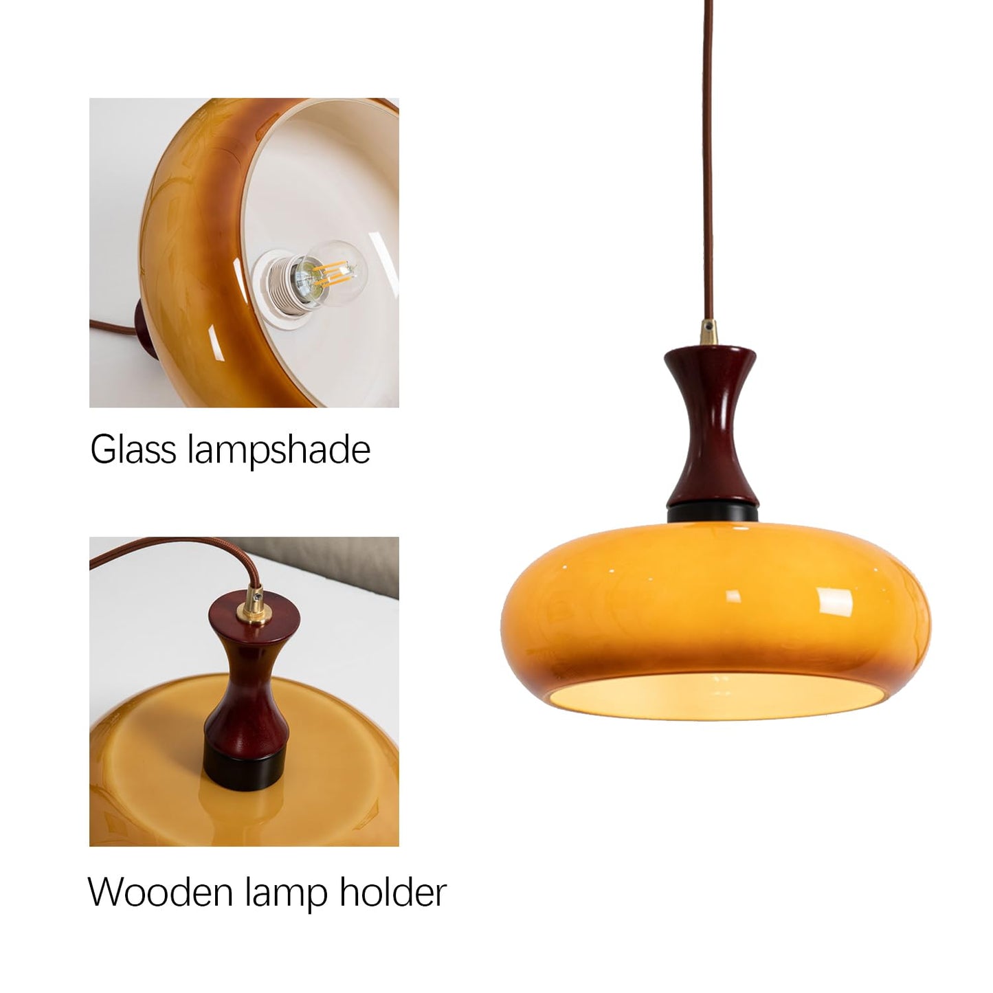 Stylish Hanging Lamp Made of Glass and Wood – Retro Lamp for Living Room and Dining Room, Universal, Cozy Light