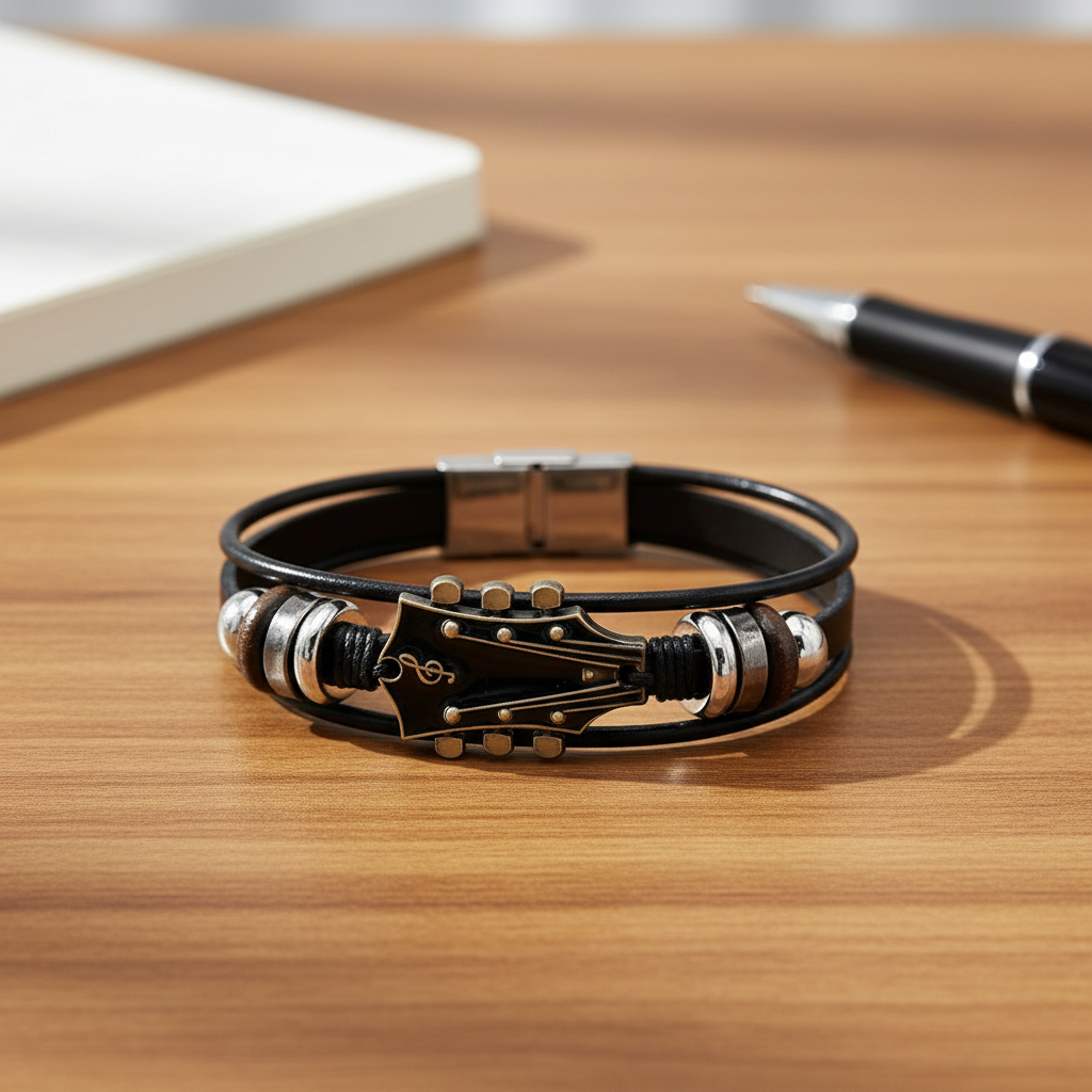 Stylish Leather Women's Bracelet with Guitar Pattern – Elegant Accessory for Music Lovers