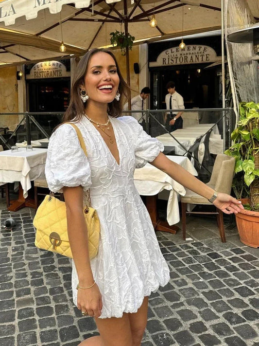 Image of Summer | Women's Puff Sleeve V-Neck Mini Dress