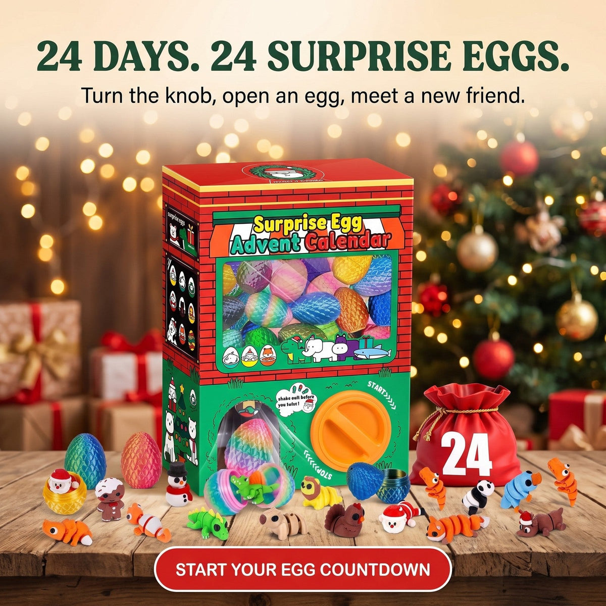 Surprise Egg Gumball Machine Advent Calendar, 24 Flexible 3D Printed Figures