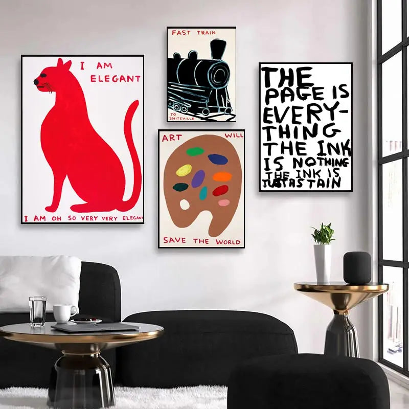 SusanSmith | David Shrigley Rabbit Cat Wine Biscuit Train Wall Art Abstract Prints Canvas Painting Nordic Poster Pictures Living Room Decor