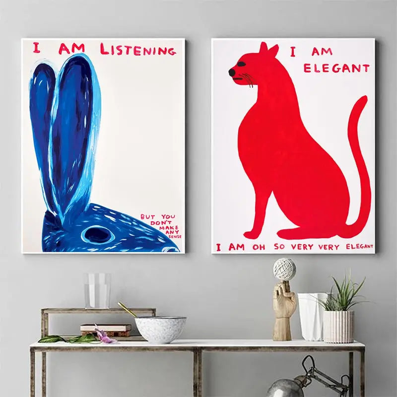 SusanSmith | David Shrigley Rabbit Cat Wine Biscuit Train Wall Art Abstract Prints Canvas Painting Nordic Poster Pictures Living Room Decor