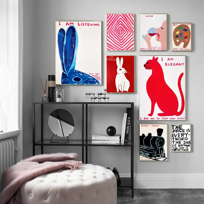 SusanSmith | David Shrigley Rabbit Cat Wine Biscuit Train Wall Art Abstract Prints Canvas Painting Nordic Poster Pictures Living Room Decor