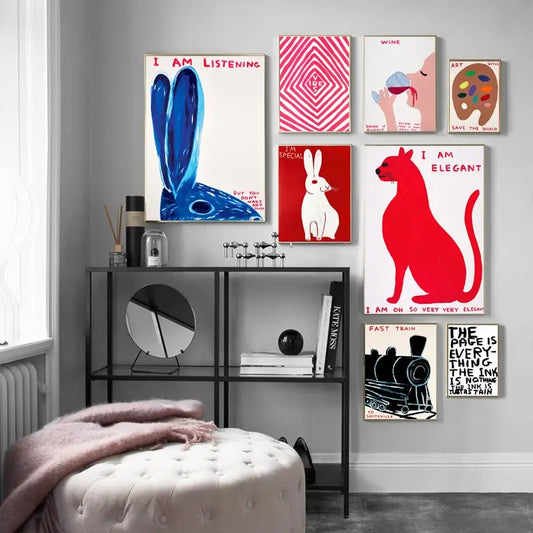 SusanSmith | David Shrigley Rabbit Cat Wine Biscuit Train Wall Art Abstract Prints Canvas Painting Nordic Poster Pictures Living Room Decor