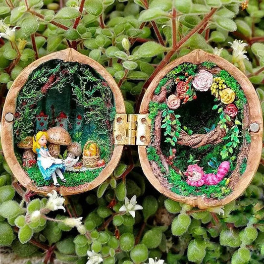 SusanSmith | Handmade Walnut Shell Doll House - Mini Library, Tiny World Inside Walnuts