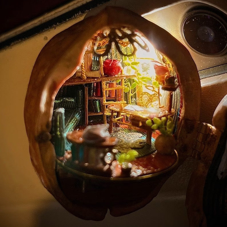 SusanSmith | Handmade Walnut Shell Doll House - Mini Library, Tiny World Inside Walnuts