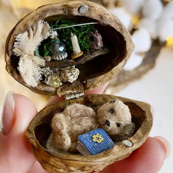 SusanSmith | Handmade Walnut Shell Doll House - Mini Library, Tiny World Inside Walnuts
