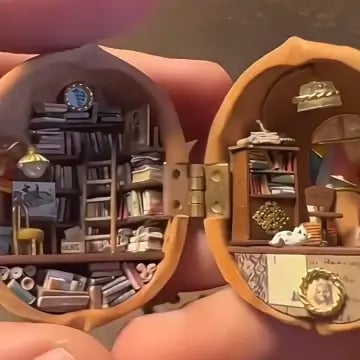 SusanSmith | Handmade Walnut Shell Doll House - Mini Library, Tiny World Inside Walnuts