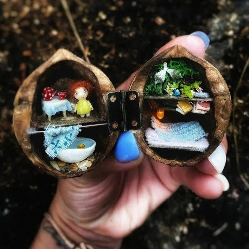 SusanSmith | Handmade Walnut Shell Doll House - Mini Library, Tiny World Inside Walnuts