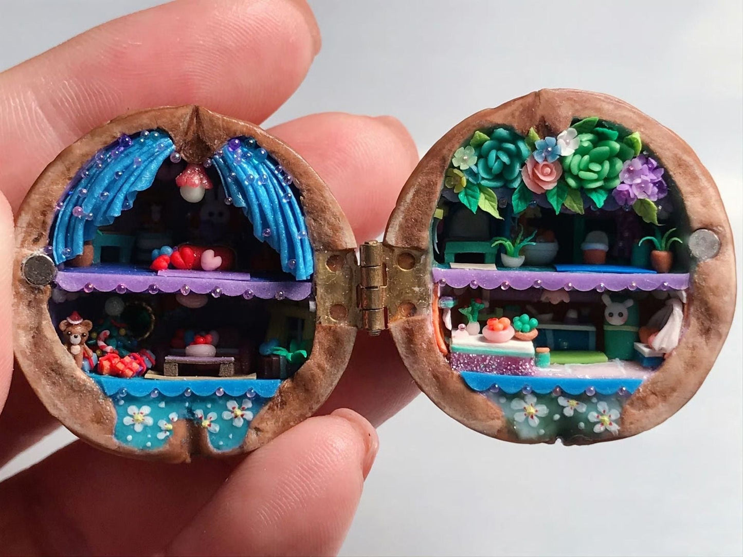 SusanSmith | Handmade Walnut Shell Doll House - Mini Library, Tiny World Inside Walnuts