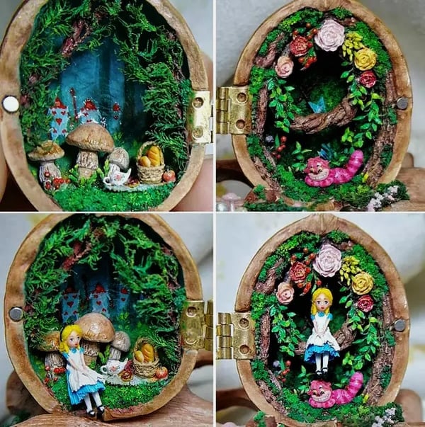 SusanSmith | Handmade Walnut Shell Doll House - Mini Library, Tiny World Inside Walnuts