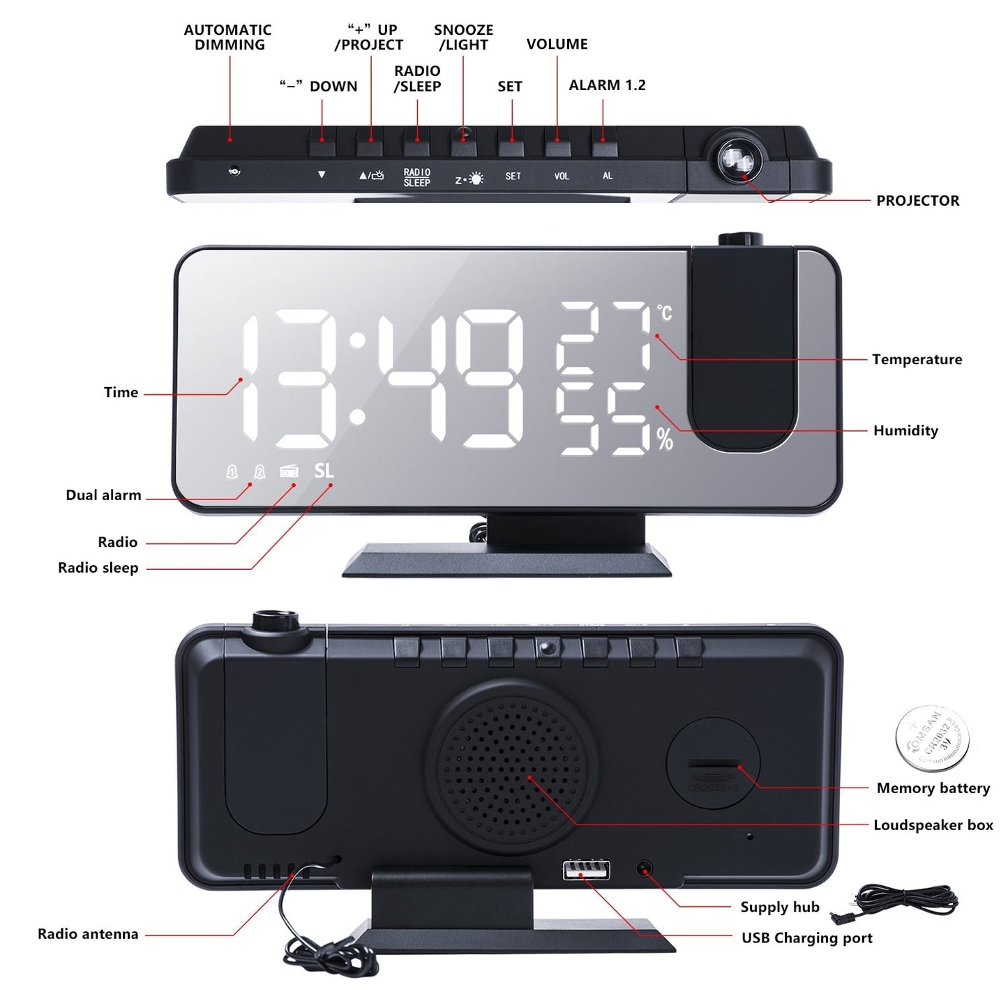SusanSmith SusanSmith™ Astronatic™ | The Best Alarm Clock with LED Screen - 180° Projector - USB Charger