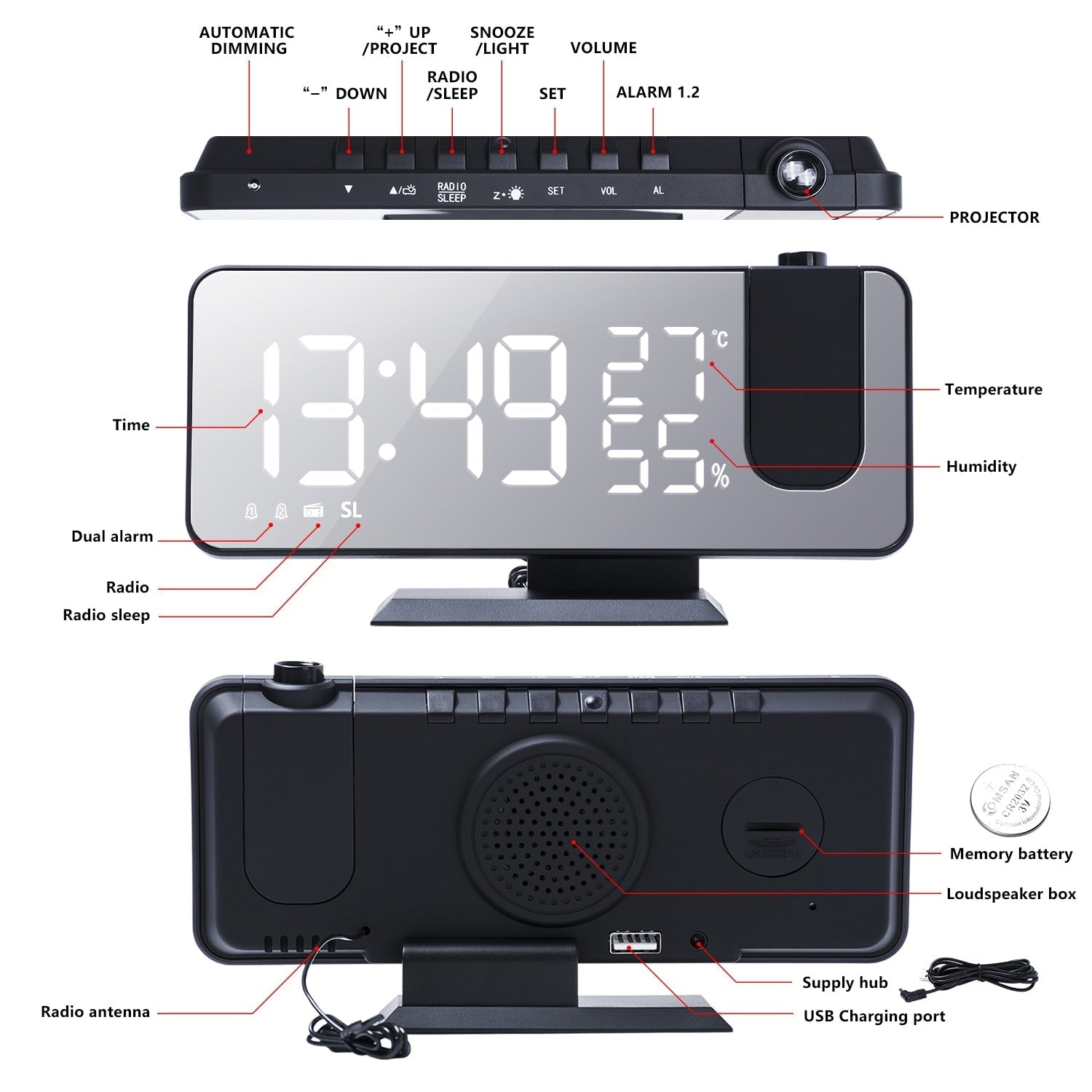 SusanSmith SusanSmith™ Astronatic™ | The Best Alarm Clock with LED Screen - 180° Projector - USB Charger
