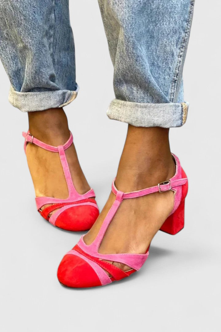 T-Strap Block Heel Pumps with Cutout Detail