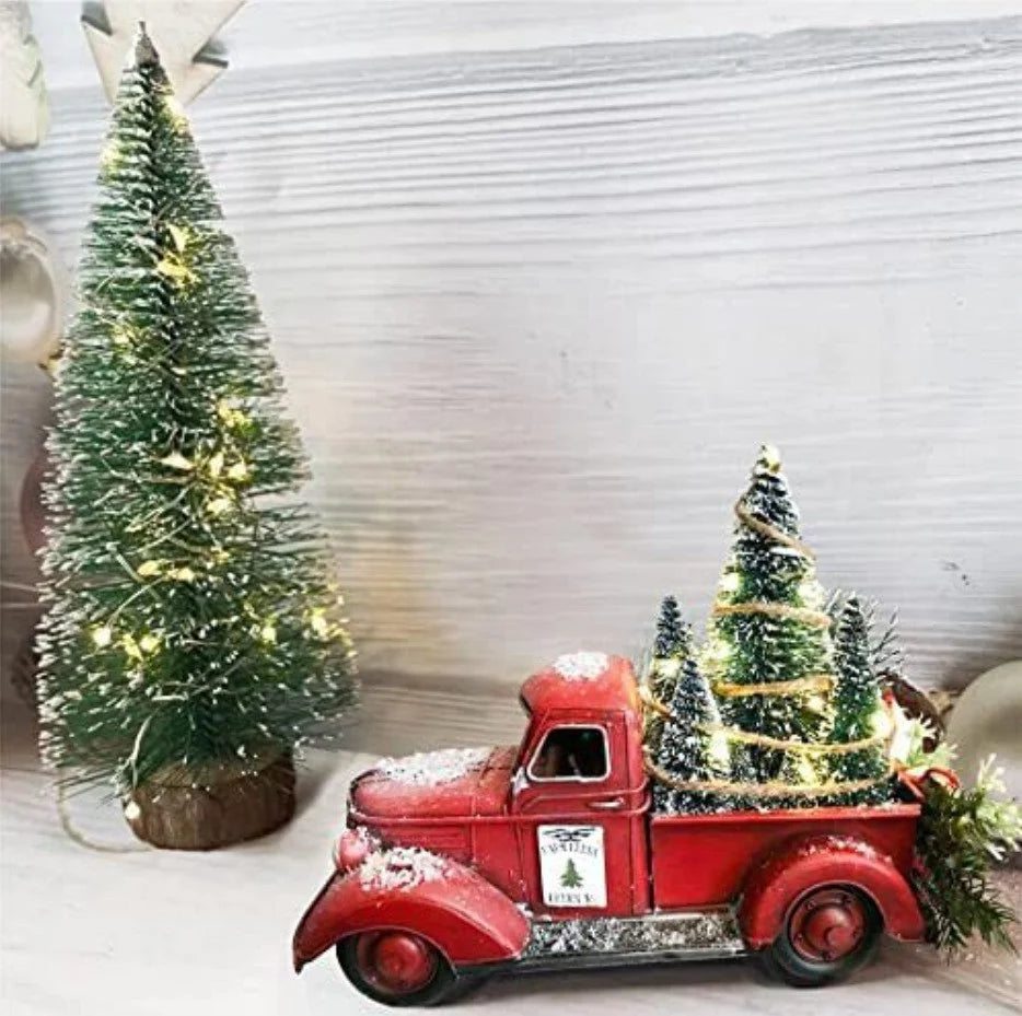 Tabletop Red Christmas Truck Decoration with Bottle Brush Trees and LED Lights