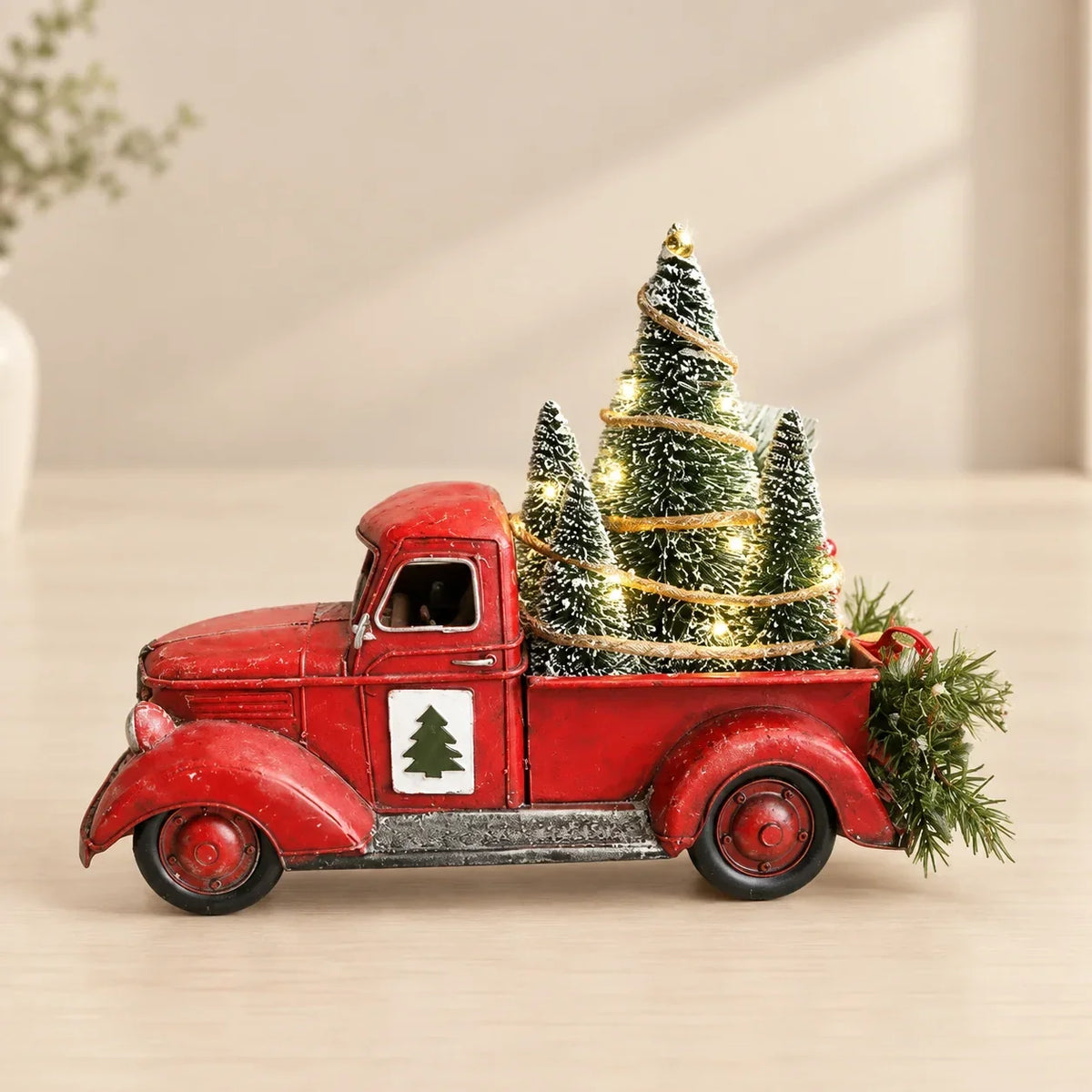 Tabletop Red Christmas Truck Decoration with Bottle Brush Trees and LED Lights