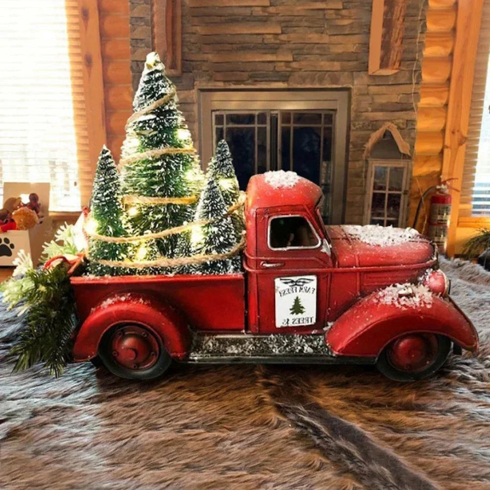 Tabletop Red Christmas Truck Decoration with Bottle Brush Trees and LED Lights