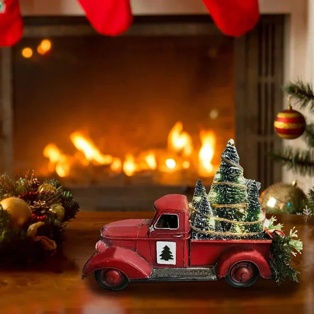 Tabletop Red Christmas Truck Decoration with Bottle Brush Trees and LED Lights