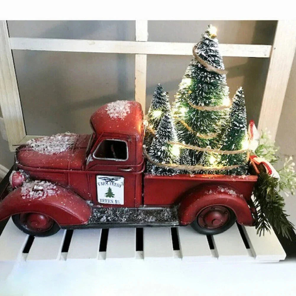 Tabletop Red Christmas Truck Decoration with Bottle Brush Trees and LED Lights