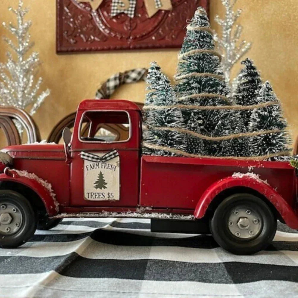 Tabletop Red Christmas Truck Decoration with Bottle Brush Trees and LED Lights