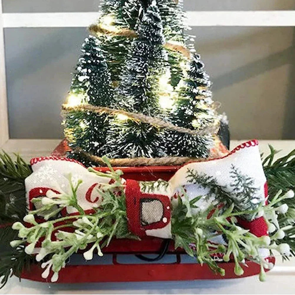 Tabletop Red Christmas Truck Decoration with Bottle Brush Trees and LED Lights