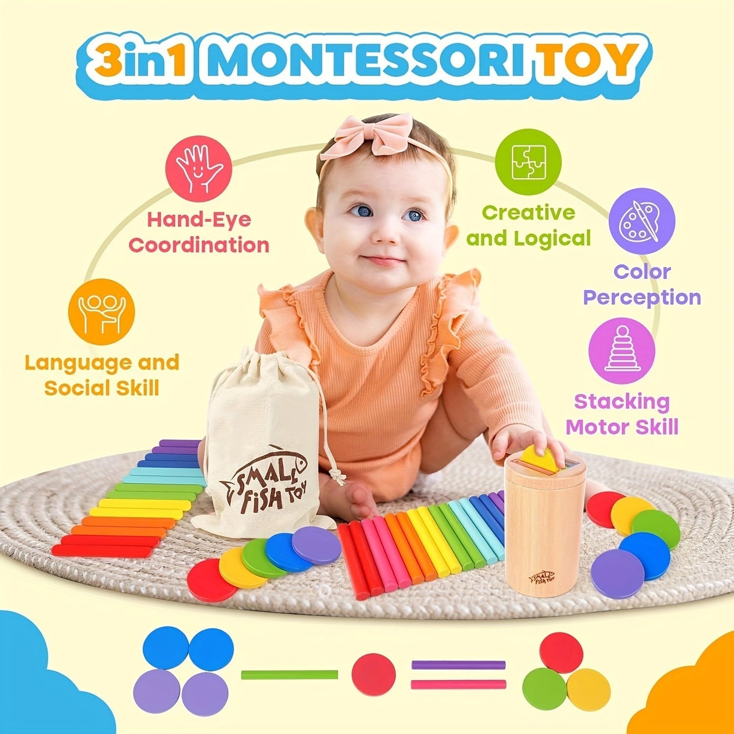 Toddler Wooden Learning Toy - 3-in-1 Color Sort & Coin Game