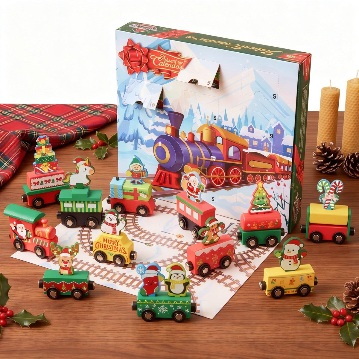 Train Advent Calendar with 12 Magnetic Friction-Powered Train Cars