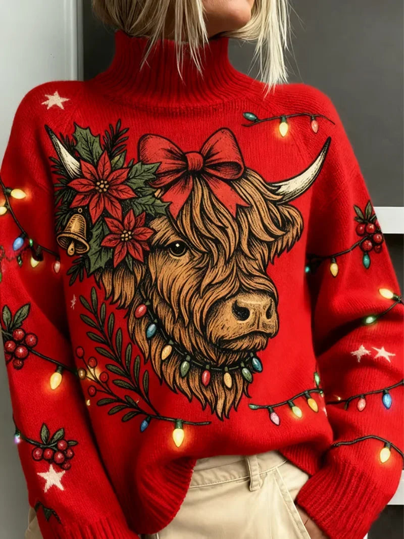 Turtleneck Christmas Sweater with Cow Print