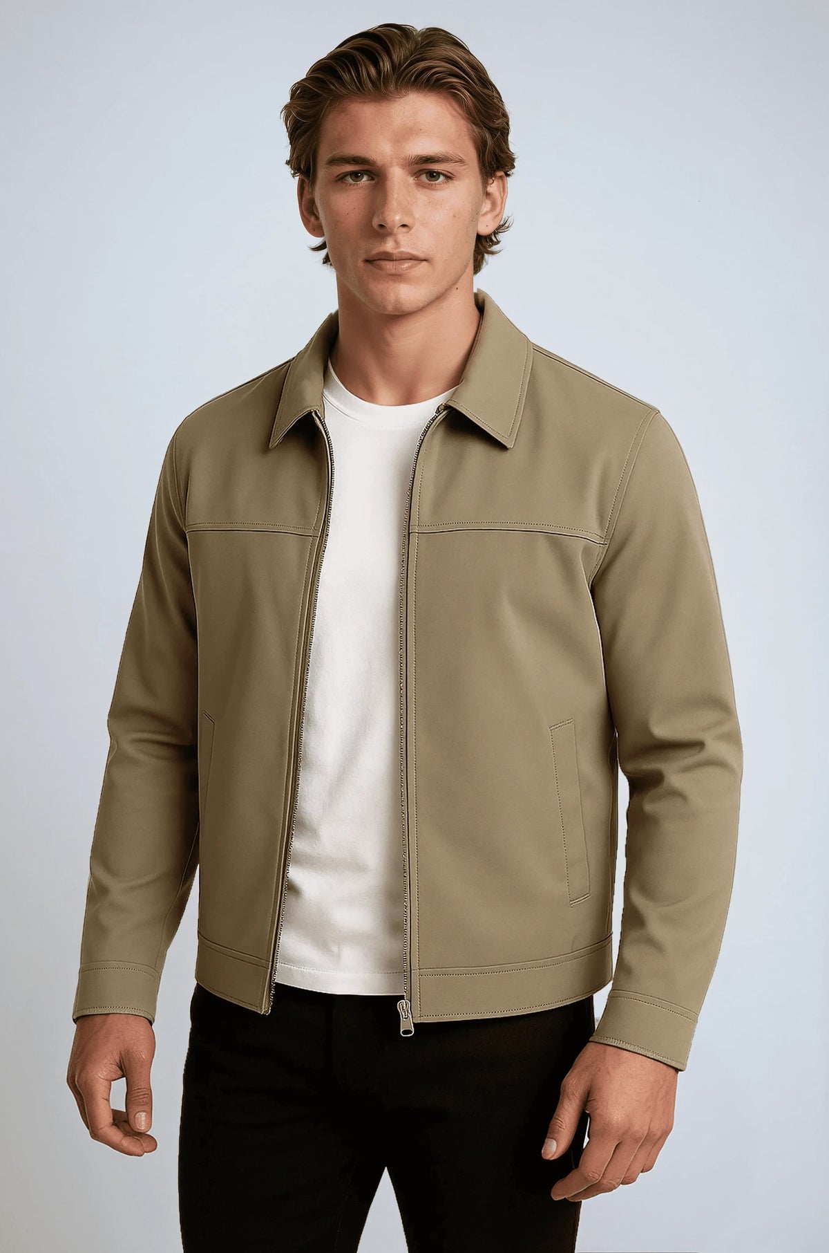 Unisex Khaki Casual Jacket with Classic Collar and Soft Plaid Lining for Changeable Weather