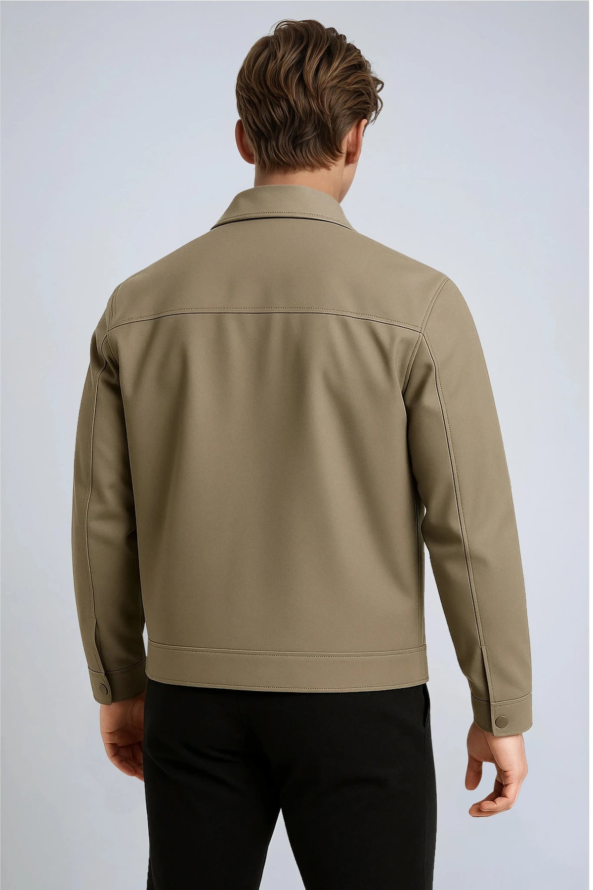 Unisex Khaki Casual Jacket with Classic Collar and Soft Plaid Lining for Changeable Weather