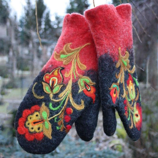 Unisex Winter Flower Wool Gloves