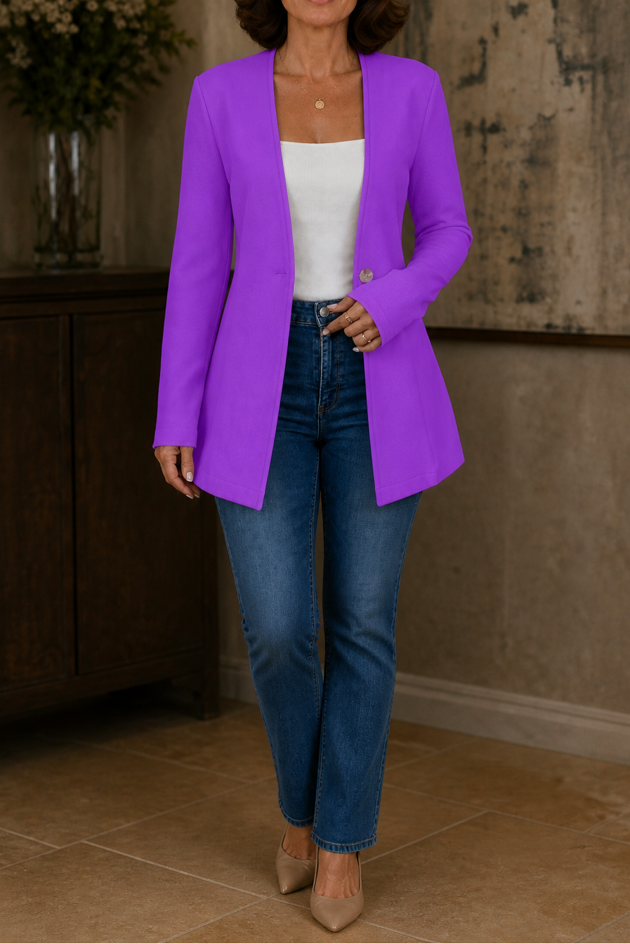 V-Neck Single-Button A-Line Blazer