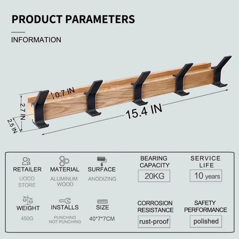 Wall Coat Rack with Movable Hooks – Scandinavian Design in Wood and Metal