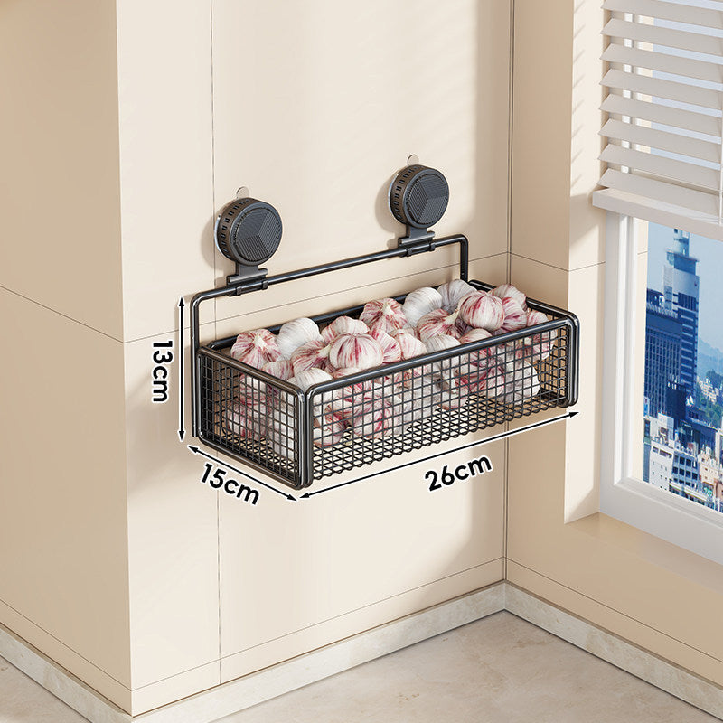 Wall-Mounted Suction Mesh Produce Storage Basket Set with Double-Tier Adjustable Rack