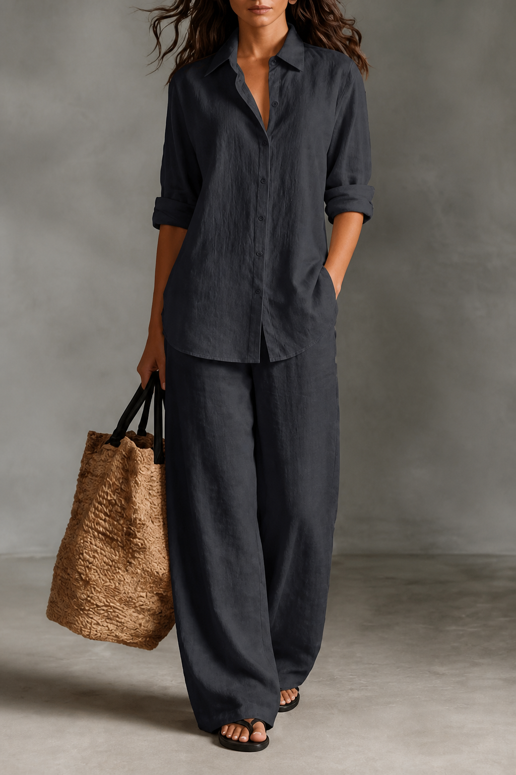 Wide-Leg Trousers and Shirt Two-Piece Set