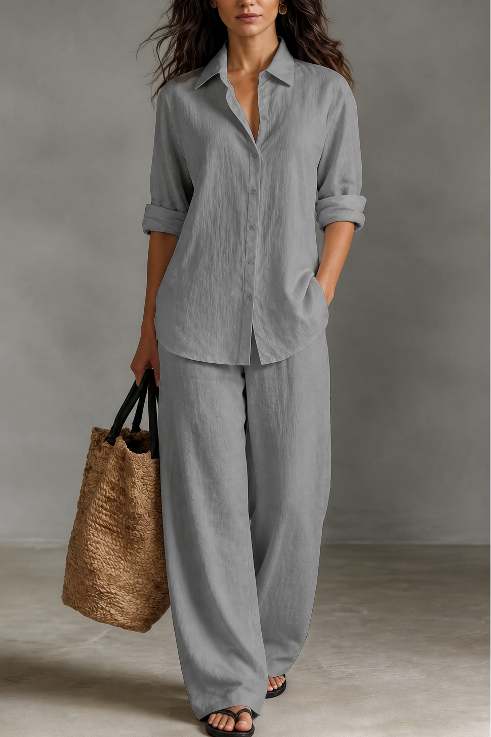 Wide-Leg Trousers and Shirt Two-Piece Set