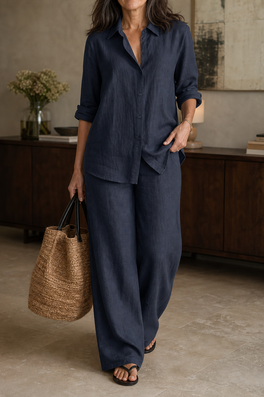 Wide-Leg Trousers and Shirt Two-Piece Set