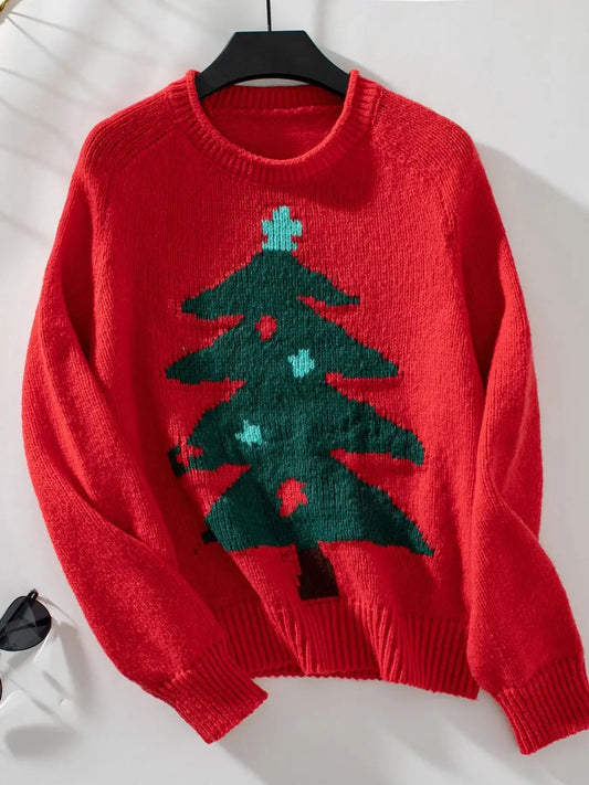 Women's Acrylic Crewneck Sweater with Christmas Tree Pattern – Regular Fit for Cold Days