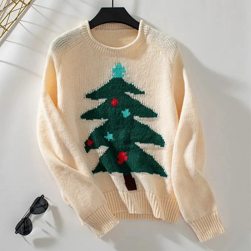 Women's Acrylic Crewneck Sweater with Christmas Tree Pattern – Regular Fit for Cold Days
