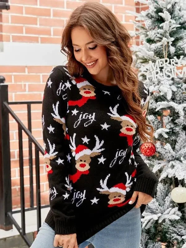Women's Animal Pattern Knit Sweater – Crew Neck, Winter Style