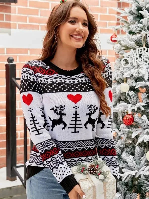 Women's Animal Pattern Knit Sweater – Crew Neck, Winter Style