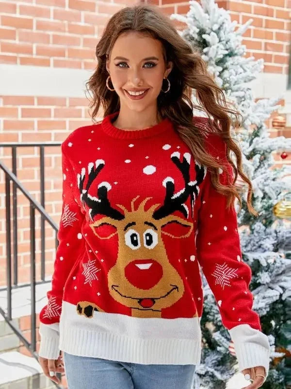 Women's Animal Pattern Knit Sweater – Crew Neck, Winter Style